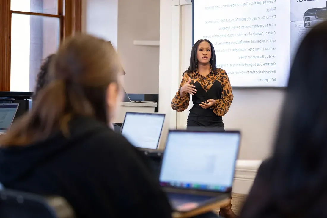 Student Gabrielle Pinkney speaking in a music law class.